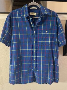 Orvis Men’s Blue Plaid Short-Sleeve Button-Up Shirt 100% Cotton Size M